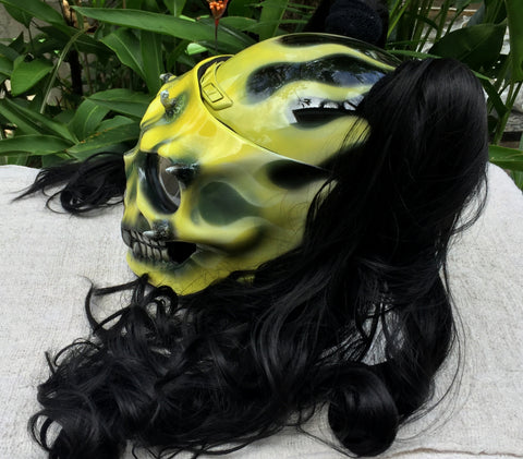 girl motorcycle predator helmet Ponytails Girls Helmet Grim Reaper on Fire in Yellow Black Piggytails – Custom Airbrush Helmet
