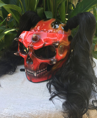 Biker Cute Girls Helmet Ponytail Ghost Rider White Skull – Custom Airbrush Helmet