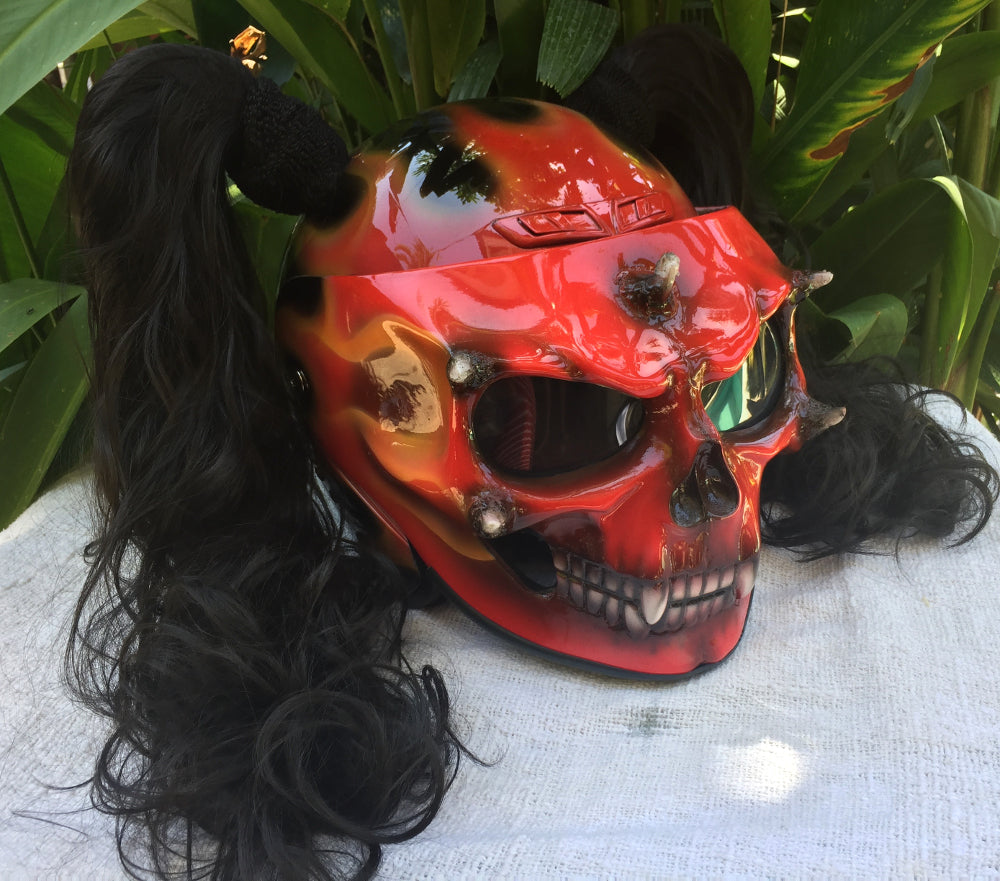 girl in motorcycle helmet and mask Biker Cute Girls Helmet Ponytail Ghost Rider White Skull – Custom Airbrush Helmet