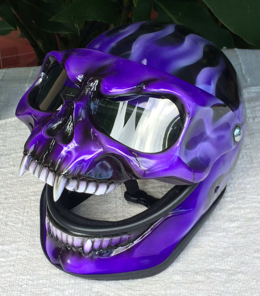 Purple Rain Girls Fire Skull Flip Up Motorcycle Helmet Airbrushed Purple Flames