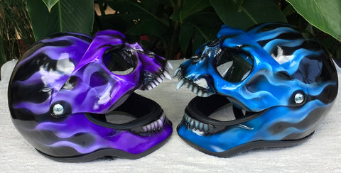 flaming skull motorcycle helmet Blue Fire Skull Flip Up Motorcycle Helmet Airbrushed Blue Flames Express shipping