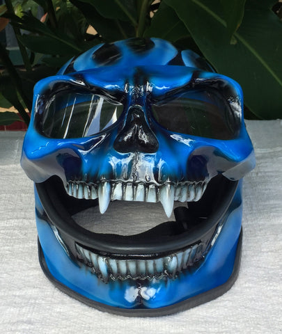 flaming ghost skull motorcycle helmet Blue Fire Skull Flip Up Motorcycle Helmet Airbrushed Blue Flames Express shipping