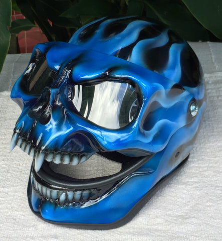 blue skull motorcycle helmet flame and skull helmet Blue Fire Skull Flip Up Motorcycle Helmet Airbrushed Blue Flames Express shipping