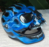 Blue Fire Skull Flip Up Motorcycle Helmet Airbrushed Blue Flames Express shipping