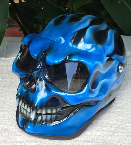 Blue Fire Skull Flip Up Motorcycle Helmet Airbrushed Blue Flames Express shipping