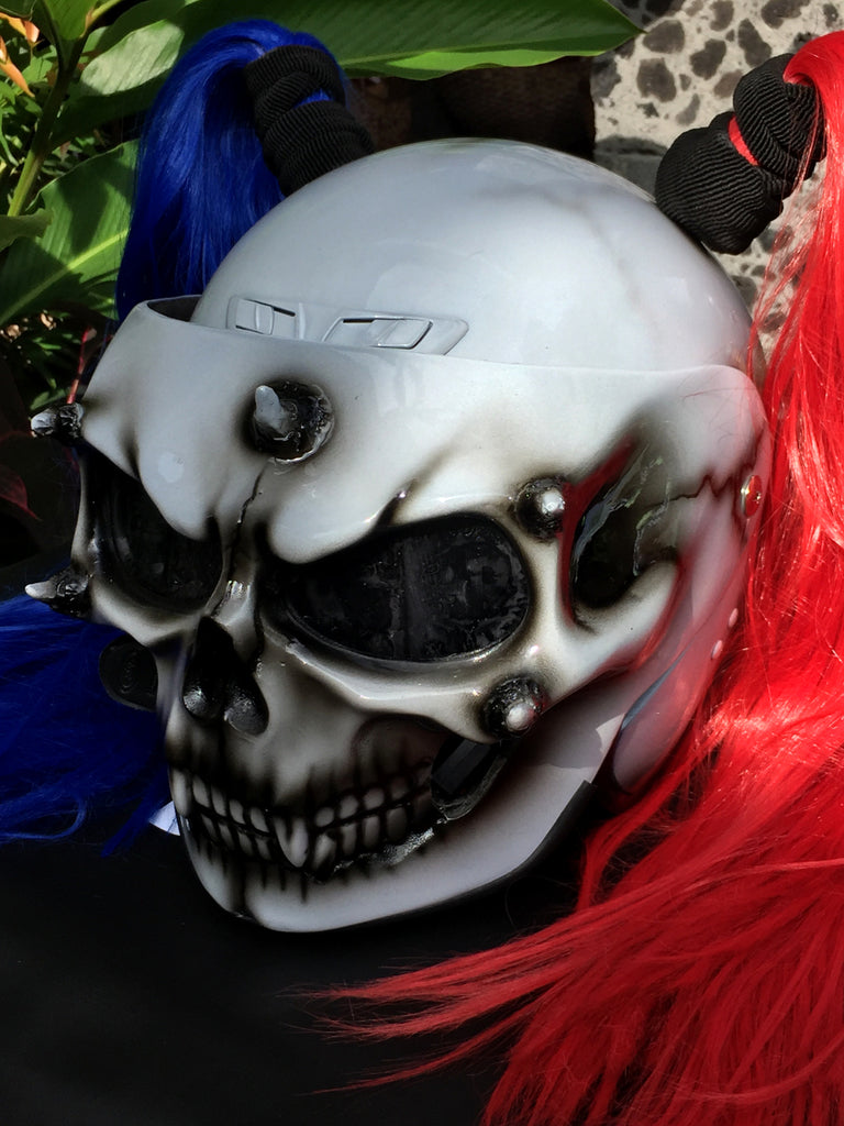 Biker Girls Helmet Ponytail Ghost Rider White Skull