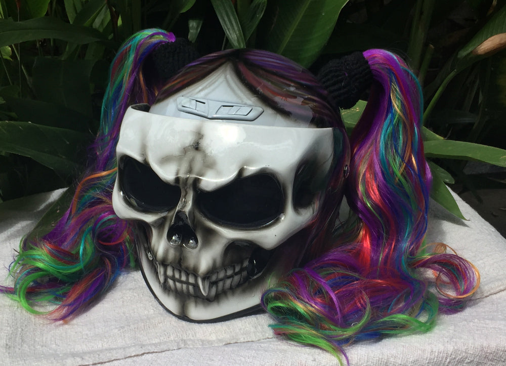 Girls Helmet Skull Rainbow Ponytails Custom Airbrush Girls Helmet badass