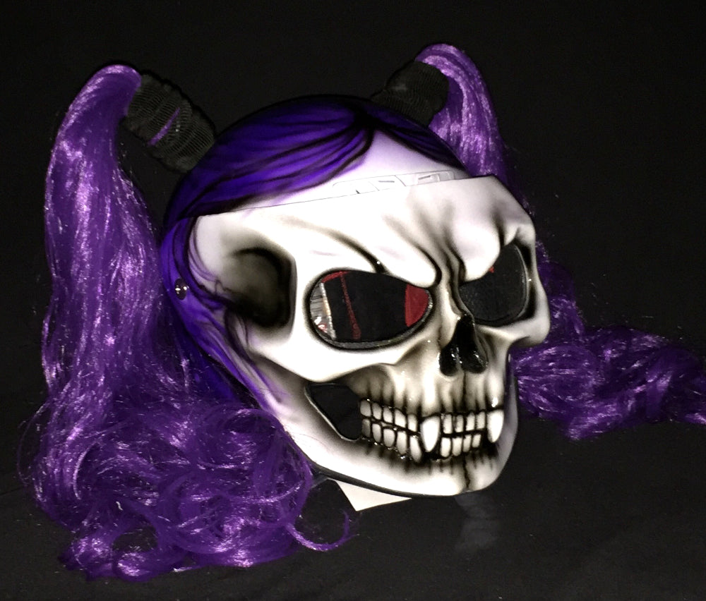 custom purple motorcycle helmet Girls Motorcycle Helmet Skull Ponytail Ghost Rider Purple Rain Ladies – Custom Airbrush Helmet